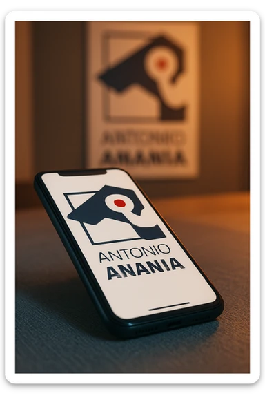 A photo of an iPhone on the desk with the logo of "Antonio Anania" on its screen, The phone sits atop a desk with a blurred with the logo in the background that suggests work environment. A faint glow from above casts gentle shadows across the surface of each object, creating depth and highlighting their textures sticker