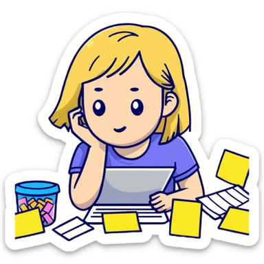 blonde straight-haired girl in survival mode, surrounded by sticky notes and snacks, overwhelmed sticker