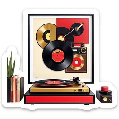 Icon for Vinyl Record Collecting: large black, golden and red vinyl records in decorative packaging featuring artist images, neatly arranged on a wall or shelf, modern vinyl record player. The icon should reflect the aesthetic and artistic aspect of collecting vinyl records. Transparent background. sticker