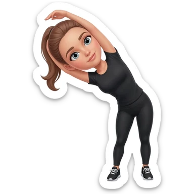 gentle bedtime stretch with sleepy mood, fair-skinned woman, gray-blue eyes, ash brown brows, ash light brown hair tied back, slim athletic body, black workout set, black sneakers with white soles sticker