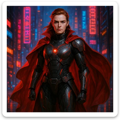 Scarlet Duke from the future, advanced technology suit, red cape, determined expression, neon city background sticker