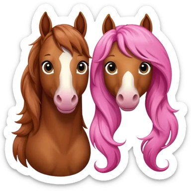 i want you to make a brown horse and a chestnut horse looking like best friends and having a pink bow on their maine next to ther ear sticker