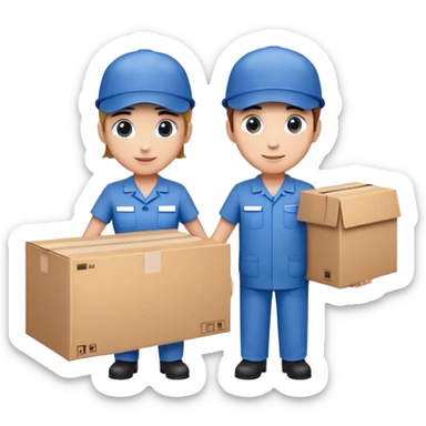 two suppliers standing together holding a big box, both wearing blue caps and blue work uniforms sticker