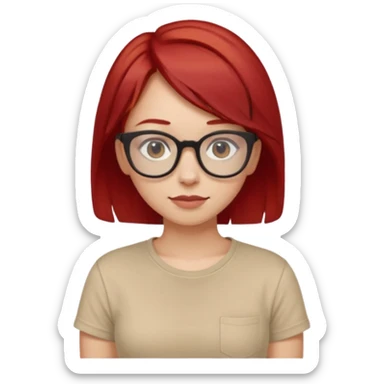girl short-layer-red-hair wear beige T-shirt, wear dark red glasses sticker