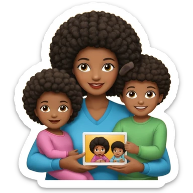 afro hair Dark Skin mom with two children, one young boy and a baby girl in polaroid picture  sticker