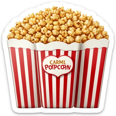 caramel popcorn in an extra large red and white vertically striped package, thick bold stripes, golden brown caramel popcorn, authentic Apple emoji style with glossy finish and subtle gradients, package dominates the image, minimalist clean design, no text sticker