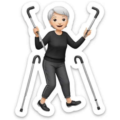 old woman with short hair, dressed with pants, laughing and dancing with crutches sticker