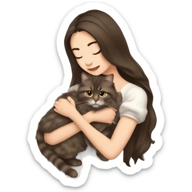 Beautiful skinny woman long dark brown hair in dress hug Siberian cat sticker