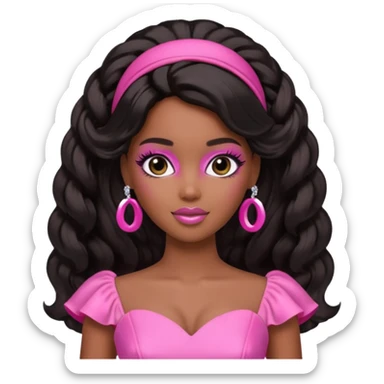 black barbie. half up half down hair, pink dress, perfect makeup and super pretty sticker