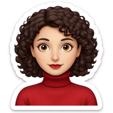 30 yr iranian woman dark brown hair curly wavy short hair, red turtle neck sweater, very thick eyebrows, light skin, dark brown eyes, small smile sticker