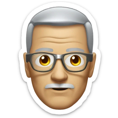 Older Male cyborg head with metallic plated face, brown flat top haircut, glasses and circuitry sticker