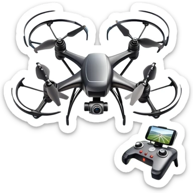An icon showing a racing quadcopter drone in the foreground, flying at high speed through a course filled with obstacles and checkpoints. Other drones zoom in the background over a dynamic landscape. Transparent background highlights the thrill and precision of drone racing. sticker