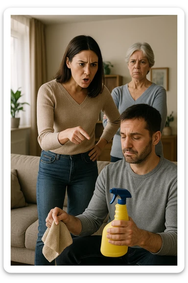 a woman stands assertively in the center of a living room, giving clear instructions to her partner. The man, with a submissive and resigned expression, follows her directions, perhaps holding household items or performing a chore. Behind them, an older woman (the mother-in-law) stands with crossed arms and a disapproving look, watching the scene unfold. The lighting is natural, and the atmosphere is tense but realistic. sticker