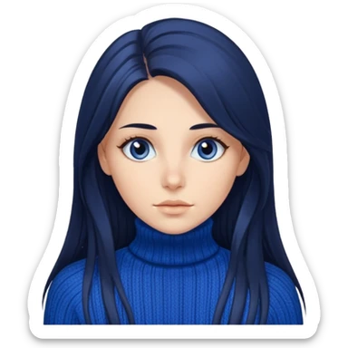 Mujer pelo oscuro y muy largo , con unos mechones saliendo, ojos oscuros y muy atractiva y con jersey de invierno azul de cuello vuelto sticker