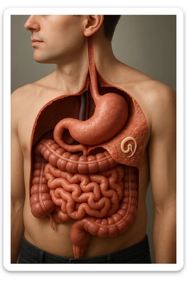 a 3D cutaway view of the human digestive tract, showing an Anisakis larva attached to the intestinal wall. in a man sticker