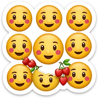 Koyu renk, dağınık dalgalı saçlı, kısa kahküllü, yuvarlak gözlüklü ve büyük kahverengi gözlü bir genç kadının yüzünü gösteren emoji tarzı illüstrasyon. Hafif bir gülümseme veya tatlı bir sırıtış ifadesi var. Cilt tonu açık. sticker