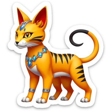 Colorful orange red black yellow Bastet-Gatomon-Vernid-Protogen-Digimon-Fakémon-Pokémon-creature  (full body) sticker