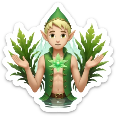 elf male wading in shallow tide pool, palm emitting soft green light to heal glowing coral, practical open vest over bare chest, determined gaze, pointy ears, vibrant underwater plants, centered emoji, nature guardian summer sticker