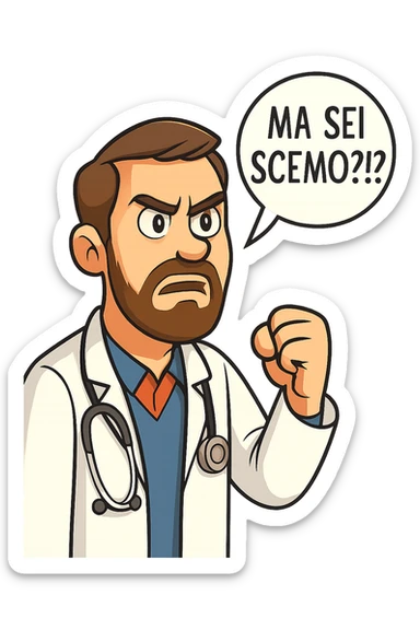 Dottore con la stessa faccia anche con la mano e camicie, dice "Ma sei scemo?!?" sticker