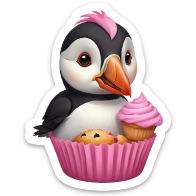 pink head feathers puffin eating pink muffin sticker