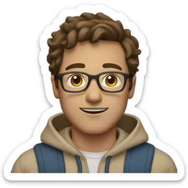 Man with blue eyes, glasses, brown hair wearing a beige hoodie sticker