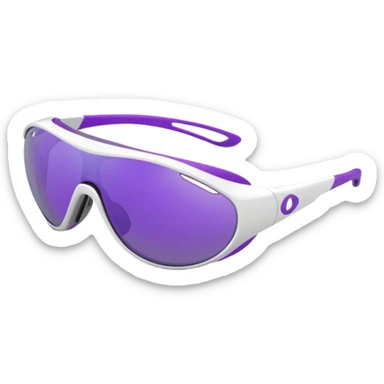 3D render of futuristic sports sunglasses, oval purple tinted lenses, white glossy frame, large gray ventilated nose guard, detailed reflections, realistic materials, high detail, isolated on transparent background, 4K resolution sticker