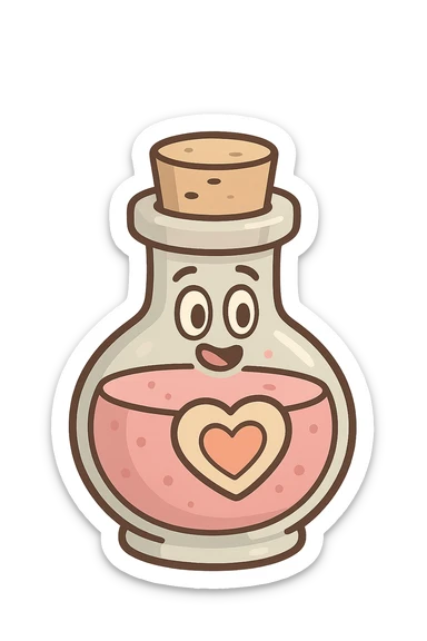 sweet potion bottle, flat icon style, cartoonish proportions, gentle color scheme, clear outline sticker