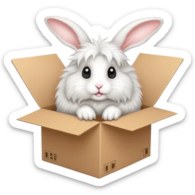  A very cute young Angora long rabbit  with one's head tilted to one side poked its paws out of the cardboard big box and placed them on top of it sticker