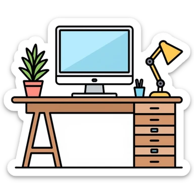 Clean and organized workspace desk with a computer monitor and a small potted plant, minimal clutter, organized office supplies sticker