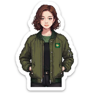 dark olive green jacket over a lighter green top sticker