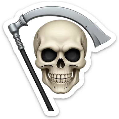 A laughing skull with a scythe crossed behind it, one eye socket winking. Clean, stylized lines, flat vector. Medieval woodcut style. Black and white with one accent color (tarnished silver). No background. sticker