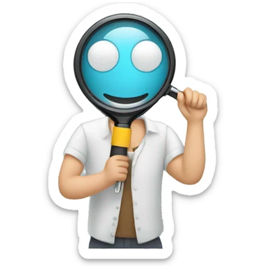 man holding one magnifying glass to read a screen monitor sticker