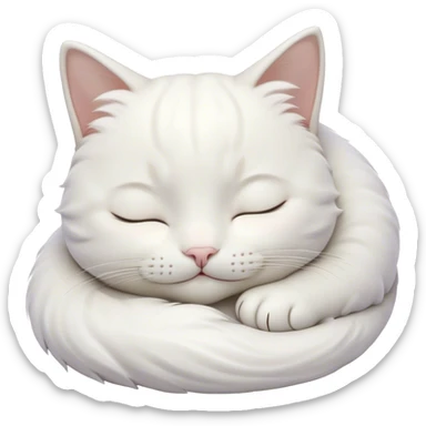 Meme-Worthy Cute Sleeping White Cat Portrait Emoji, Head peacefully tilted with a tender, contented smile and eyes gently closed in serene slumber, featuring a pristine white fur with subtle, delicate silver accents, simplified yet irresistibly adorable, highly detailed, glowing with a soft, drowsy radiance, high shine, exuding calm, heartwarming charm, styled with a gentle, soft glowing outline, capturing the essence of a sleeping white cat that seems destined to become the next viral icon of adorable repose! sticker