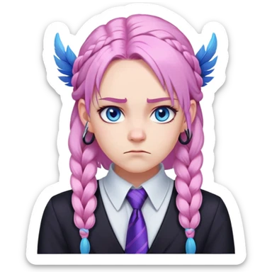 Long-pale-pastel-pink-hair with one braid on each side, grumpy expression, purple-pink feather-ear-cuffs in hair, black bodysuit, blue eyes, pink iris, blue tie sticker