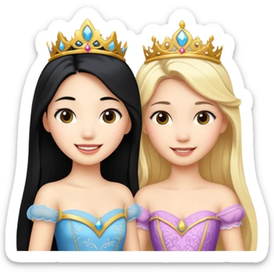 Asian girl black hair and blonde white girl dressed as princesses sticker
