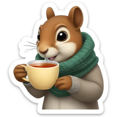 squirrel is sick drinking tea with a scarf on his throat sticker