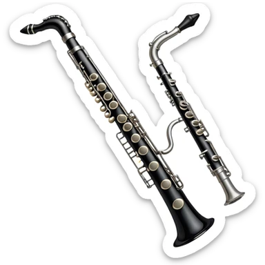 Create a sleek and professional emoji representing a black standard clarinet. The design should feature the smooth, black finish of the clarinet’s body with its shiny metal keys clearly visible. Highlight the mouthpiece with the reed at the top of the instrument. Include subtle details like the metal rings and key pads to emphasize its high-quality construction. Use black and silver tones to capture the classic and refined look of a traditional clarinet. Add soft musical notes around the instrument to evoke its melodic sound. The background should be transparent. sticker