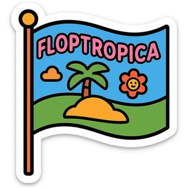 flag on a stick with a whimsical, fictional 'Floptropica' design, colorful and playful sticker