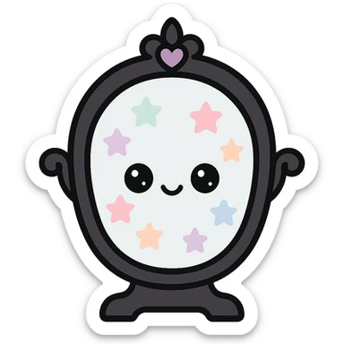 kawaii style magical gothic mirror, smiling face, black frame with purple heart details, reflecting pastel stars, fun and magical sticker
