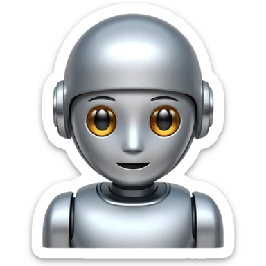 A cute futuristic robot emoji made of silver chrome, rounded friendly body, minimal facial features, glossy metallic surface, soft reflections, iOS emoji style, centered, clean white background sticker
