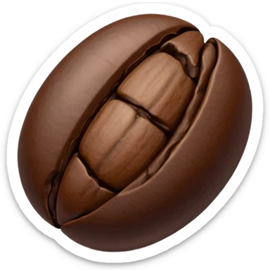 single coffee bean, three-quarter view, central groove visible, rich dark brown, subtle highlights and shading, smooth slightly glossy natural texture, realistic, non-anthropomorphic, minimal, 3D, soft shadows sticker