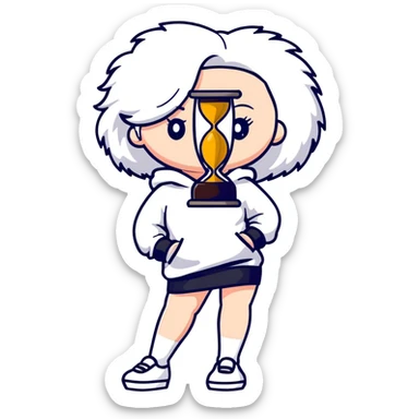 Female with slim hourglass figure, white big hair, wearing white sweatshirt, black skirt, and white shoes, full body pose sticker