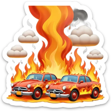 A 3D cartoon scene of cars on fire with smoke rising, chaotic atmosphere, realistic lighting, Memoji-style. sticker