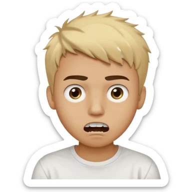 Short buzz, messy blonde hair. Dark brown bushy eyebrows large expressive golden-brown eyes, wearing a plain white t-shirt. Male Teenager. light Dark Brown skin color. Confused mouth gape showing teeth sticker