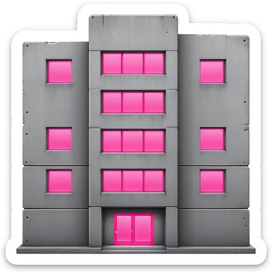 brutalist gray concrete block building with one neon pink window and several regular windows sticker