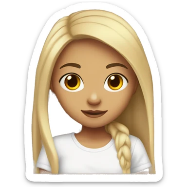 a girl with a light skin tone, dark long hair, in a white T-shirt, sits in front of a computer, there are books next to her sticker