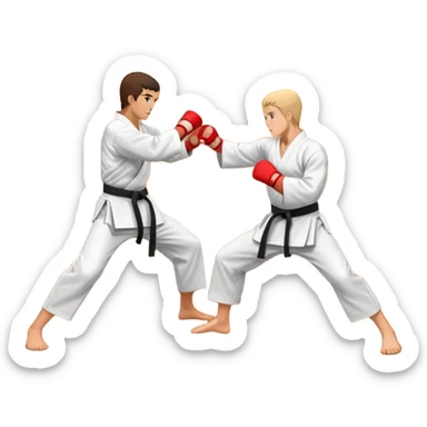 An icon representing traditional Karate, featuring two opponents in a martial arts dojo. One is performing a powerful punch, while the other defends with a block. The background showcases a classic dojo setting with wooden floors and sliding doors. Transparent background sticker