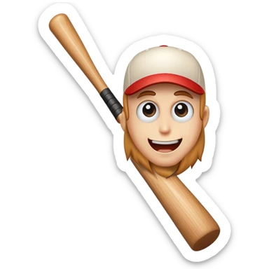 Cartoon baseball bat with a small friendly face and a winking eye sticker