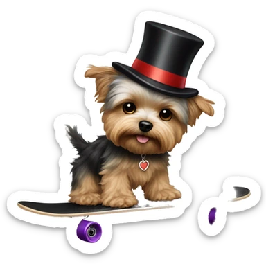 yorkie bichon mix. dog with light tan curly fur, very very long ears down. dark brown eyes, mouth closed. wearing a top hat on a skateboard sticker