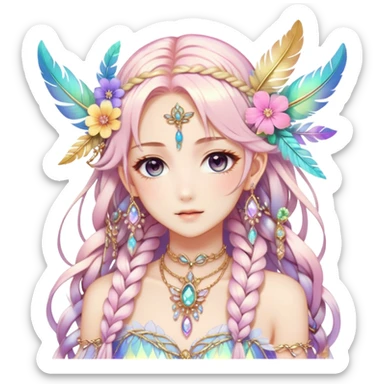 Beautiful gorgeous anime lady with beautiful iridescent-braided-hair, fashion aesthetic, ethereal, fairycore, pastelcore, feathers, flowers, gems, accessories, jewelries, gold, colorful sticker